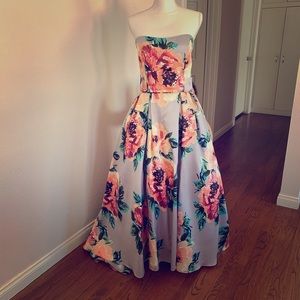 Strapless Floral Printed Hi-Lo Hem Ball Gown
